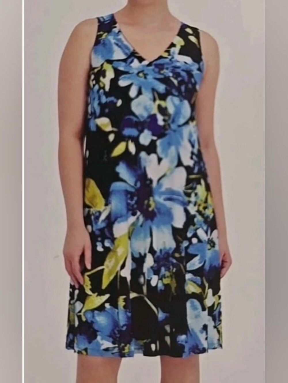 New Anne Klein Floral V-Neck Sleeveless Lined Dress in Blue and Black Size XXL